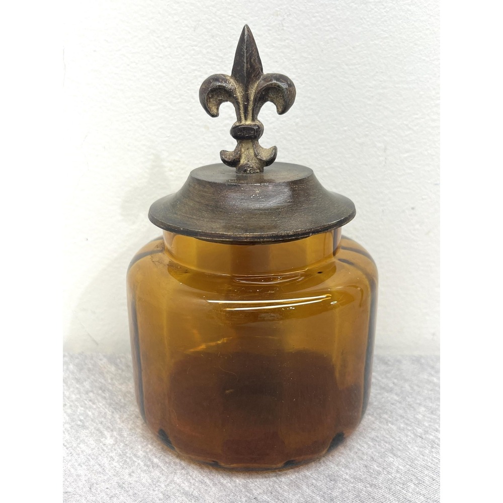 Amber Brown Glass Bottles Set 3 Fleur De Lis Lids Apothecary Canisters Unmarked - Picture 9 of 12